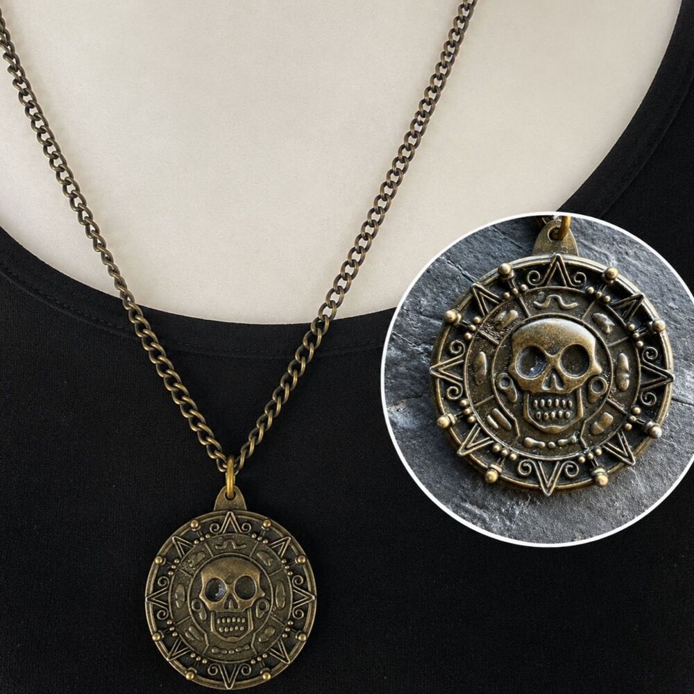 Disney Pirates of the Caribbean Skull Aztec Medallion Pendant Necklace 27"